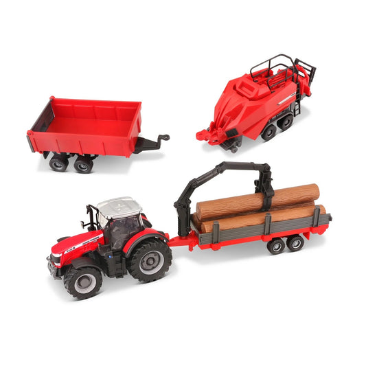 BURAGO 10CM MASSEY FERGUSSON 8740S TRACTOR WITH 3 TRAILERS DIE CAST B18-31668