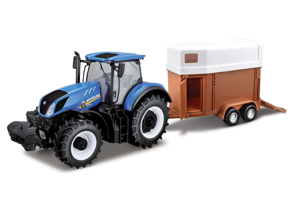 BURAGO 1:32 NEW HOLLAND T7.315 TRACTOR WITH HORSE TRAILER DIE CAST B18-44069