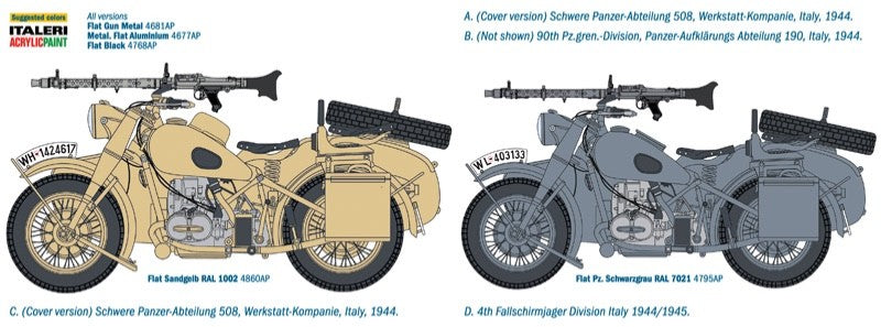 ITALERI 1:9 1/9 BMW R75 WITH SIDECAR GERMAN MILITARY MOTORCYCLE MODEL KIT 7403