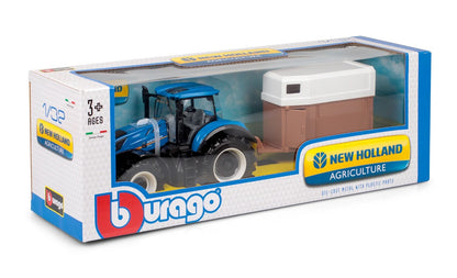 BURAGO 1:32 NEW HOLLAND T7.315 TRACTOR WITH HORSE TRAILER DIE CAST  B18-44069