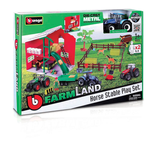 Burago 1:43 FARMLAND PLAYSET HORSE STABLE WITH NEW HOLLAND TRACTOR B18-31682