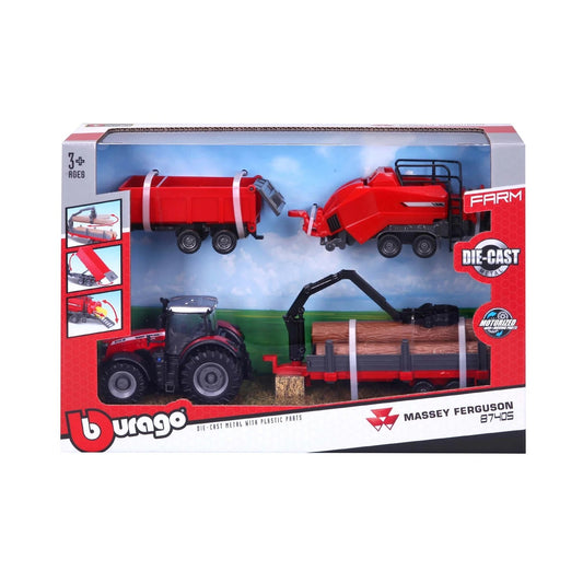 BURAGO 10CM MASSEY FERGUSSON 8740S TRACTOR WITH 3 TRAILERS DIE CAST B18-31668