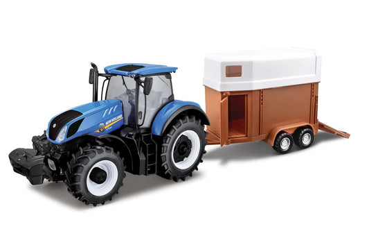 BURAGO 1:32 NEW HOLLAND T7.315 TRACTOR WITH HORSE TRAILER DIE CAST  B18-44069